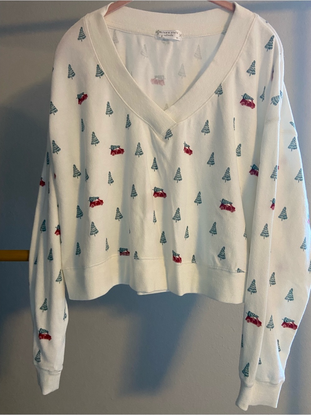 Altar'd State Cream V-Neck Sweater with Red Car & Green Tree Print